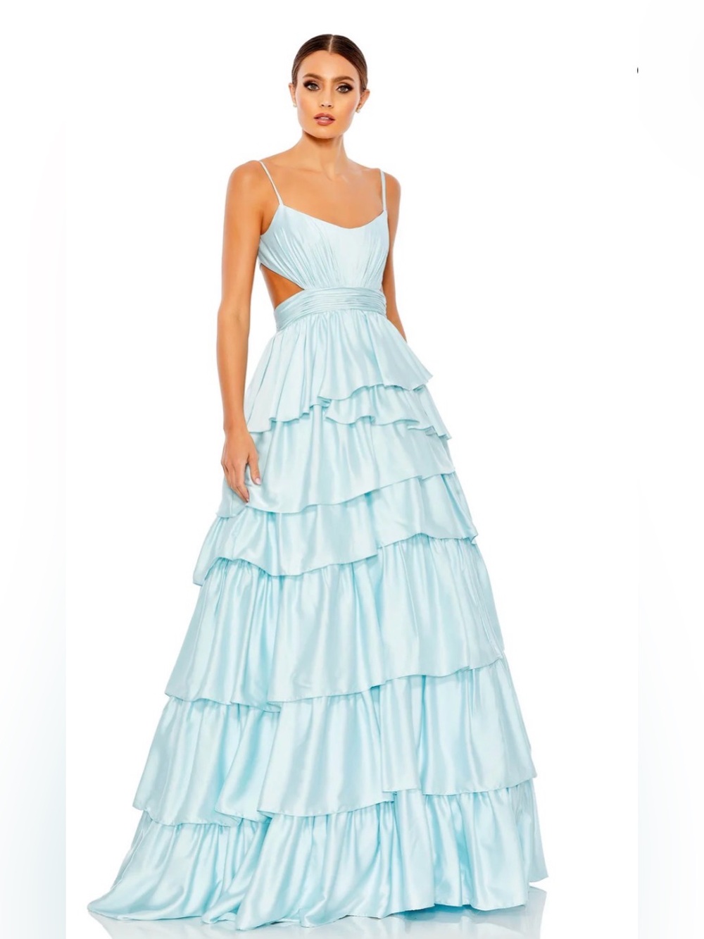 mac duggal 67970 blue tiered gown size 10 prom summer gala quinceañera dress
